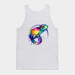 Colorful Chameleon Watercolor Splash Art Print - Blue Tank Top